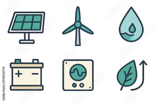 Flat design icons representing renewable energy sources like solar panels, wind turbines, and battery storage