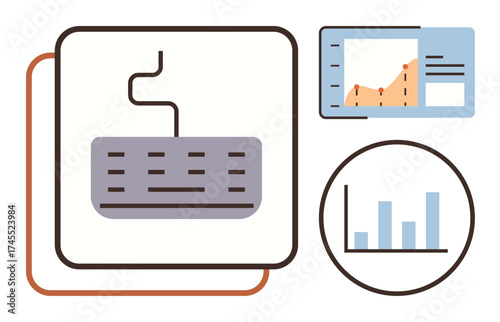 Keyboard connected to graphs and charts representing data analytics, workflow, and productivity. Ideal for technology, business strategy, market research, innovation, education, efficiency simple