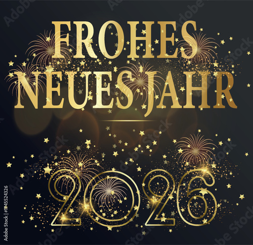 Karte oder Banner zum Wünschen eines frohen neuen Jahres 2026 in Gold auf schwarzem Hintergrund mit Feuerwerk und goldfarbenen Sternen und Kreisen im Bokeh-Effekt