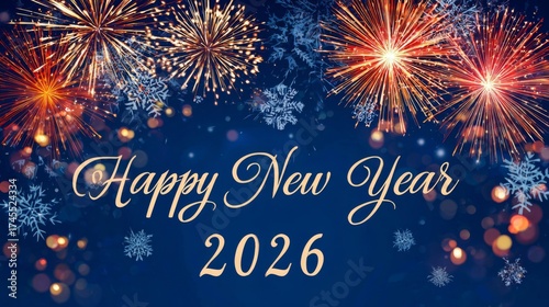 Vibrant fireworks burst in the night sky, surrounded by sparkling snowflakes and colorful lights, creating a cheerful celebration for New Year 2026