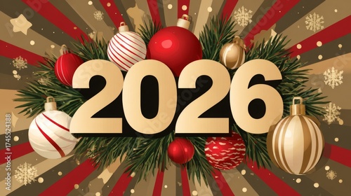 Colorful decoration showcases the year 2026 in large numbers, surrounded by Christmas ornaments and pine branches, creating a festive atmosphere for holiday events