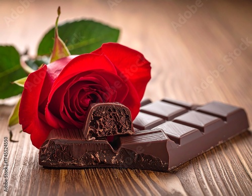 Dark chocolate bar and red rose on wooden table