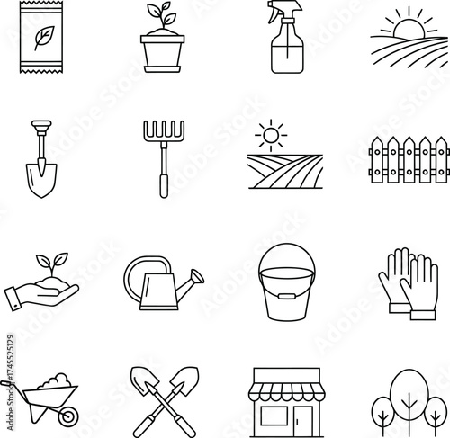 Gardening essentials icon set, landscaping, farming, agriculture solid icon, gardening, flower, pruning, tree, plant, floral, flower, fruit, tools, plants, vector illustration