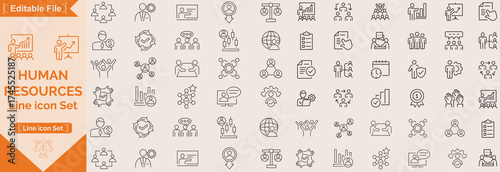 Set of 50 outline icons related to HR, Human Resources, Recruitment, Employment, business, office, company, management. Linear icon collection. Editable stroke. Vector illustration
