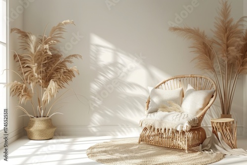 Fototapeta Naklejka Na Ścianę i Meble -  Home mockup, room in light pastel colors, Scandi-Boho style interior background, 3d render