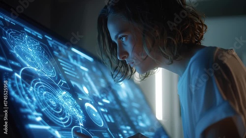 Focused Woman Interacting with Advanced Data Visualization Display in Futuristic Workspace