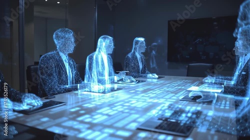 Futuristic Business Meeting with Digital Data Visualization in a Conference Room