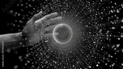 Hand Reaching Towards a Glowing Sphere Surrounded by Dazzling Particles in an Abstract Space