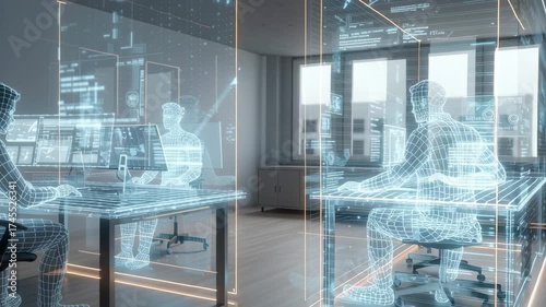 Futuristic Virtual Workspace with Digital Interfaces and Transparent Design in Modern Office