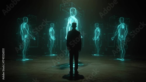 Individual Silhouette Surrounded by Digital Human Projections in a Dark Futuristic Setting