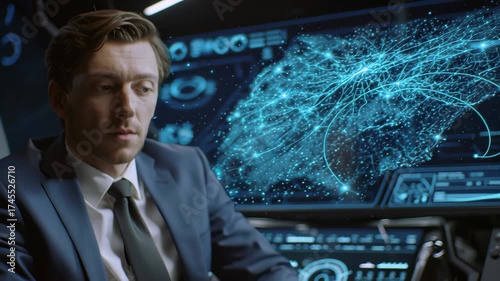 Man Interacting with Futuristic Digital Dashboard Interface in Modern Vehicle