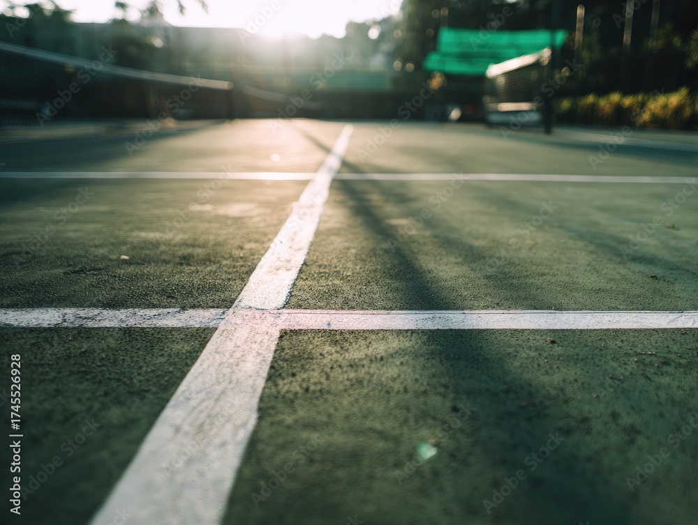 Obraz premium Sun-drenched tennis court's center, showing worn green surface, white lines intersecting, shallow depth of field, with blurred background of greenery and a net