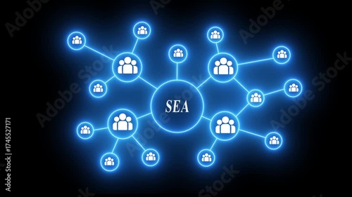 Glowing blue network of people icons connected by lines with central text S E A digital connection communication team collaboration abstract technology concept dark background
