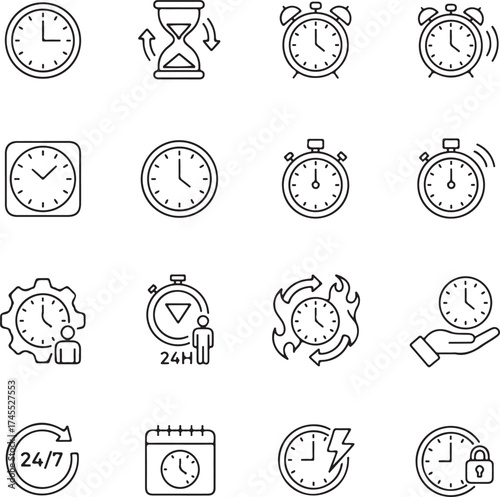 Time line icons set. Timer, alarm clock, wristwatch, smart watch, hourglass, schedule calendar vector illustration
