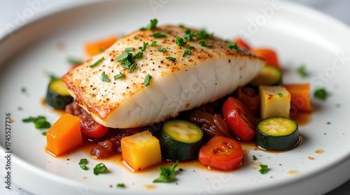Healthy baked fish fillet with colorful roasted vegetables
