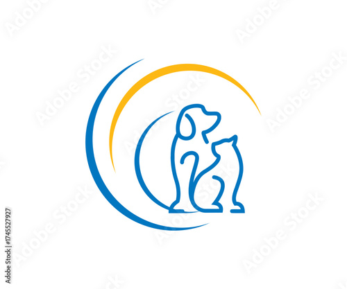 Simple line art of a dog and cat in a circle frame