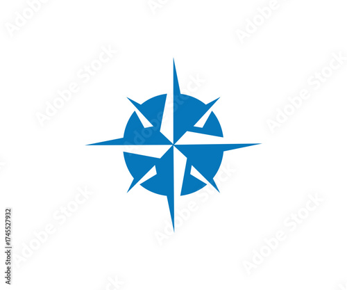 A blue compass rose with eight points on white field