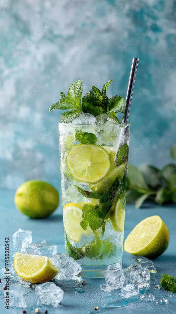 Fototapeta premium Tall glass of refreshing iced beverage with lime slices, mint sprigs, and ice cubes scattered on a textured blue surface