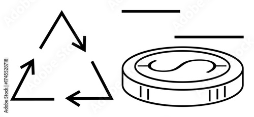 Recycling triangle with arrows and a coin representing sustainable economy, financial growth, and resource management. Ideal for sustainability, finance, eco-efficiency, waste reduction