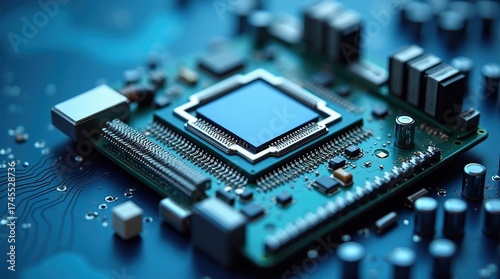 Close up of a blue central processing unit on a circuit board