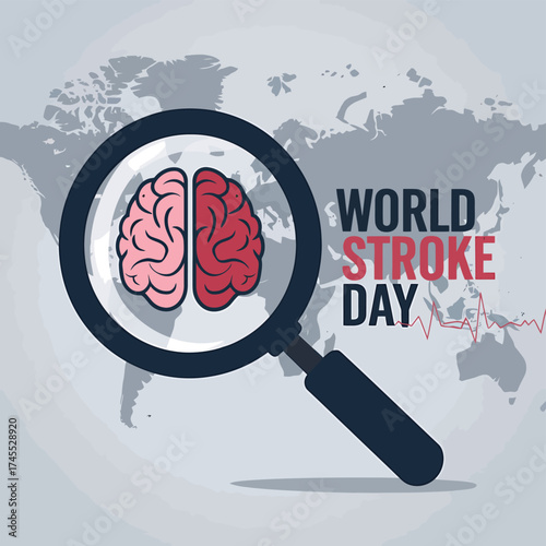 Vector art of world stroke day illustration with a magnifying glass over a brain on a world map background, symbolizing global awareness and research