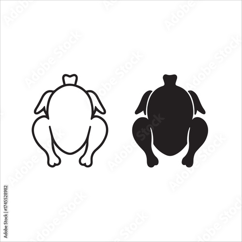 This image features two stylized icons of a whole chicken, one outlined in black and white, the other filled in black. Both are presented from a front-facing perspective, with clearly defined wings 