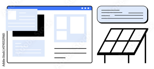 Web interface with floating windows, textual elements, solar panel illustrating sustainability, energy efficiency, and digital solutions. Ideal for tech, energy, innovation, future environment