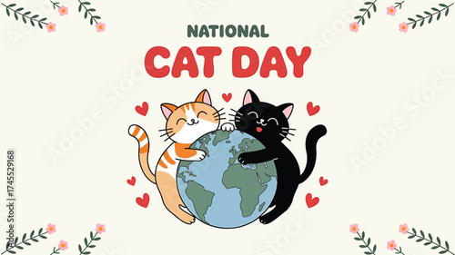 Vector art of two cute cartoon cats, one orange and one black, hugging the earth to celebrate national cat day