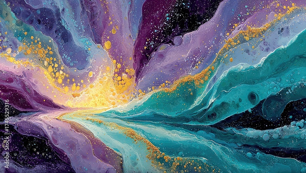 Fototapeta premium Abstract Landscape with Golden Accents and Mirrored Reflection in Teal Purple and White Hues