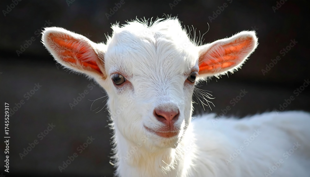 Fototapeta premium Smiling young goat with fluffy white fur and big ears