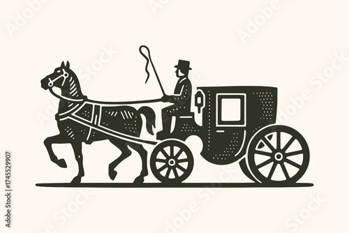 Horse carriage with coachman engraving style vector illustration