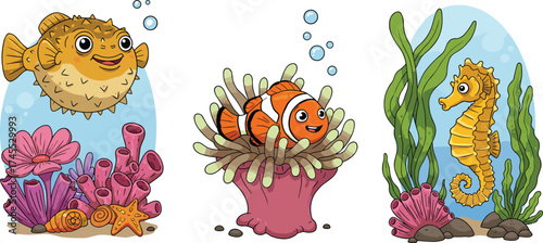Cute underwater animals, cartoon clownfish seahorse and pufferfish with coral reef seaweed and ocean plants, colorful marine life concept, vector illustration