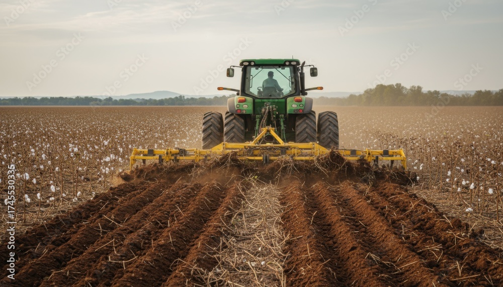 Fototapeta premium Medium shot showing a tractor plowing the cotton field turning the soil to disrupt weed roots and prepare the ground for effective weed control.