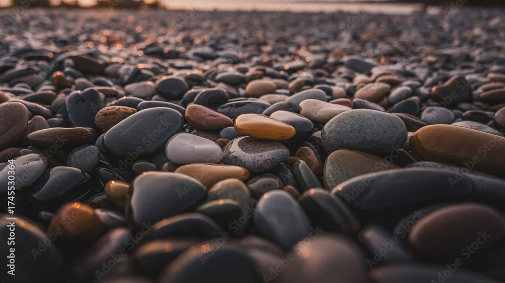 Obraz premium Tranquil beach pebbles glistening at sunset with warm, earthy hues and smooth texture