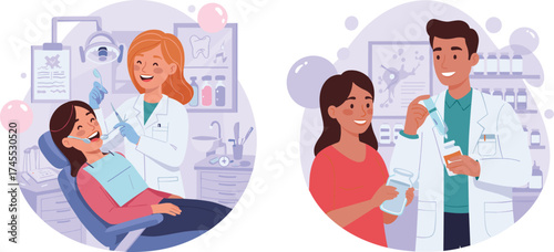 Dentist and pharmacist with patients, dental checkup and medication consultation in modern clinic interior, healthcare and medical professional concept vector illustration