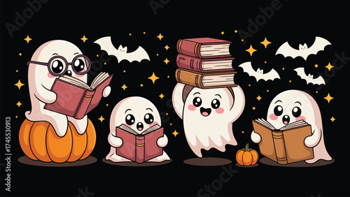 Cute cartoon ghosts reading books on halloween night with bats and stars