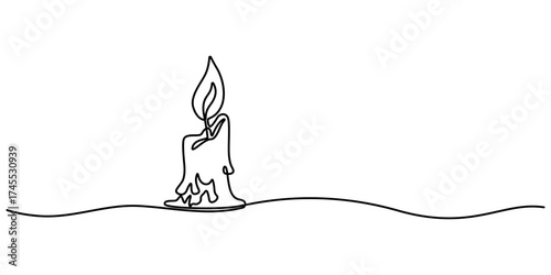 One continuous line drawing of candle vector illustration. Candle continuous line art. Burning candle one line drawing. Warmer, lamp, interior concept. One line Icon drawing with white background