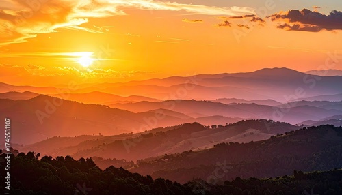 Wallpaper Mural Dramatic Twilight with Golden Hour Light over Silhouetted Mountain Ranges and Tree Silhouettes in Minimalistic Nature Scenery with Vibrant Orange Sky Torontodigital.ca