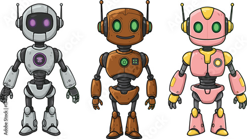 Futuristic robots collection, colorful humanoid AI characters with glowing eyes and mechanical body design, modern artificial intelligence and robotics concept, vector illustration