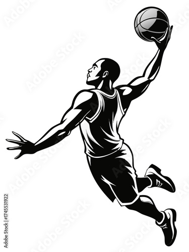Vector illustration of a single professional basketball player black silhouette performing a slam dunk with a ball, symbolizing power, skill, athleticism, and dynamic sports energy