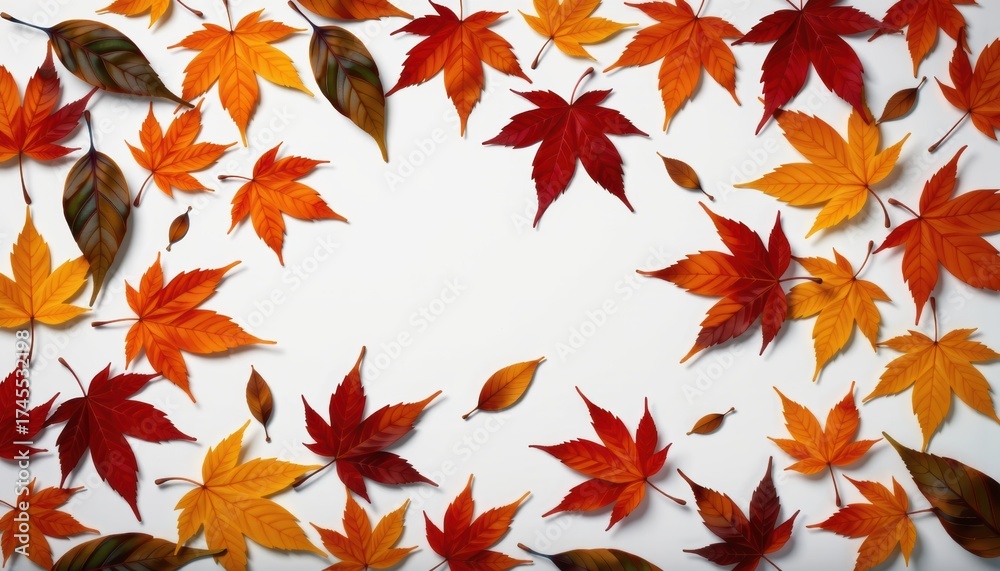 Fototapeta premium Vibrant fall leaves framing a white background nature still life autumn serenity close-up view