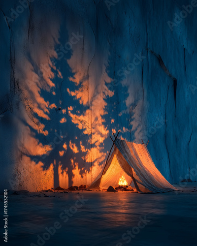 A tent is set up in front of a tree