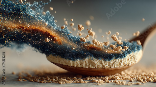 A spoonful of powder is on a table