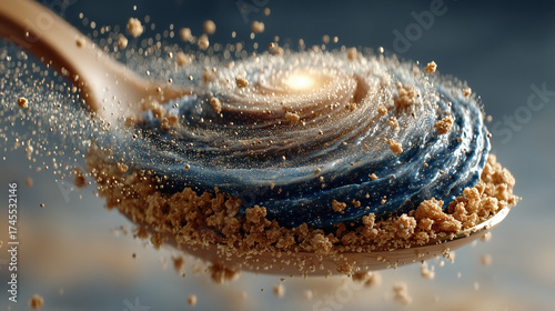 A spoonful of food with a blue swirl and brown crumbs