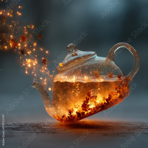 A teapot with leaves and fire is lit