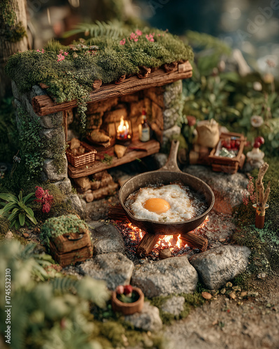 A small model of a house with a pan of eggs on a fire