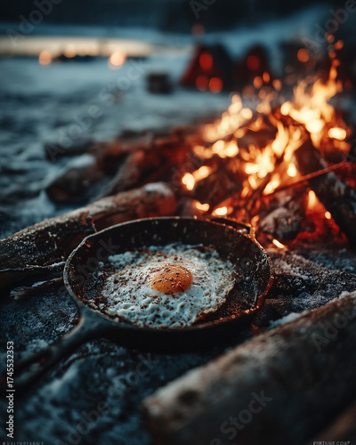 A pan with an egg in it is sitting on a fire