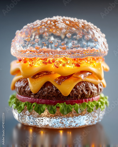 A burger with melted cheese and a red tomato on top