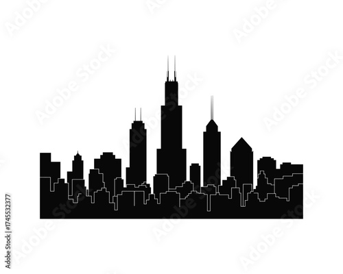 Black silhouette of a city skyline with white outlines
