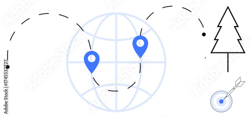 Globe with blue location markers, dotted travel paths, tree, and target with an arrow. Ideal for travel, distance, logistics, goals mapping sustainability focus. Clean flat metaphor